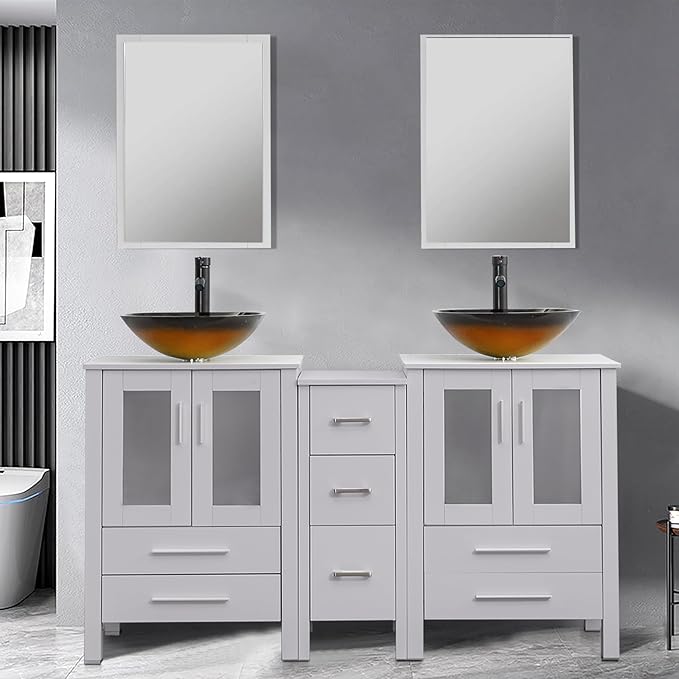 UEV 60" Double Sink Bathroom Vanity,Grey Bathroom Vanity with Double Side Vanity Cabinets & Removable 3 Drawer Storage Cabinet,Bathroom Vanity with Tempered Vessel Sink,Mirror Not Included(T48)