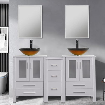 UEV 60" Double Sink Bathroom Vanity,Grey Bathroom Vanity with Double Side Vanity Cabinets & Removable 3 Drawer Storage Cabinet,Bathroom Vanity with Tempered Vessel Sink,Mirror Not Included(T48)