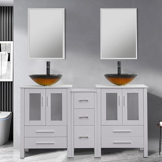 UEV 60" Double Sink Bathroom Vanity,Grey Bathroom Vanity with Double Side Vanity Cabinets & Removable 3 Drawer Storage Cabinet,Bathroom Vanity with Tempered Vessel Sink,Mirror Not Included(T48)