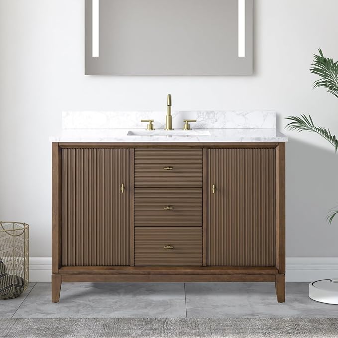 Vanity Art 48" Bathroom Vanity with Single Sink & Arabescato White Engineered Stone Top, Vanity Cabinet with Soft Closing Door, Solid Wood Frame, Golden Brushed Handles, Walnut VA8148-Walnut-GB
