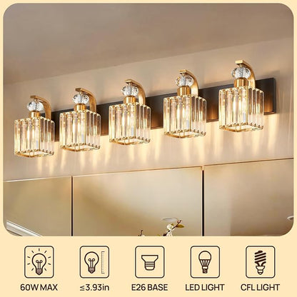 Modern Bathroom Vanity Light, 5-Light Black Gold Bathroom Lighting Fixtures Over Mirror, 36.3" Crystal Wall Light Sconce for Bathroom/Bedroom/Vanity, Includes LED Bulbs, Easy Installation