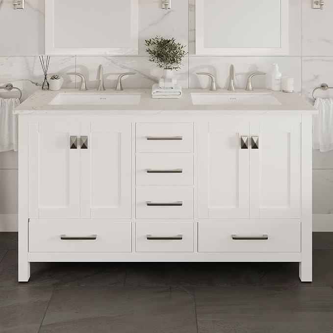 Aberdeen 60 in. White Double Sink Bath Vanity with Carrara Quartz Top and Undermount Porcelain Sinks