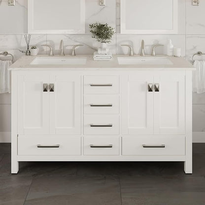 Aberdeen 60 in. White Double Sink Bath Vanity with Carrara Quartz Top and Undermount Porcelain Sinks