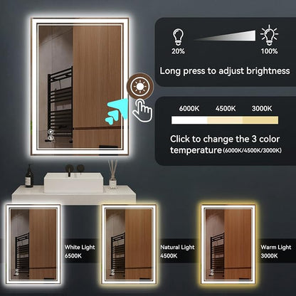 28“ x 36” LED Bathroom Mirror Fogless LED Mirror for Bathroom Dimmable 3 Colors Lights Smart Vanity Mirror Touch Sensor Home Decor Wall Mounted Horizontal/Vertical