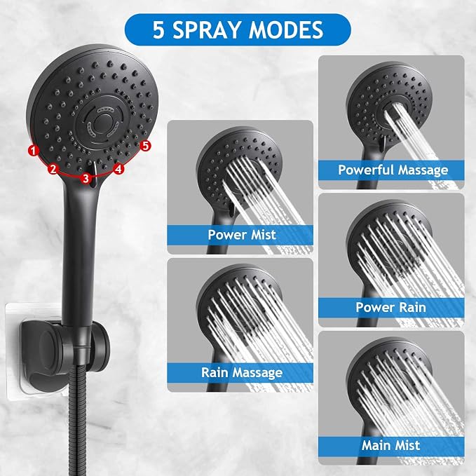 Black Shower Head Combo,10 Inch High Pressure Rain with 11" Extension Arm | 5 Settings Handheld Powerful Shower Spray Against Low Pressure Water, Free Installation Matte Black