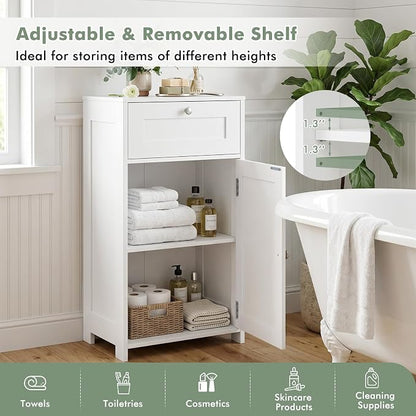 GIANTEX Floor Bathroom Storage Cabinet with Door and Drawer (White) | Freestanding Cabinet with Adjustable Shelf, Anti-tipping Device, Storage Organizer for Bathroom, Living Room, Bedroom