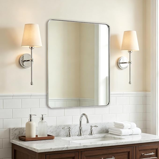 Chrome Mirror for Bathroom, 22"x30"Metal Frame Wall Mirror, Rectangular Stainless Steel Rounded Corner Mirror with 1" Deep Set Design Hangs Horizontal Or Vertical