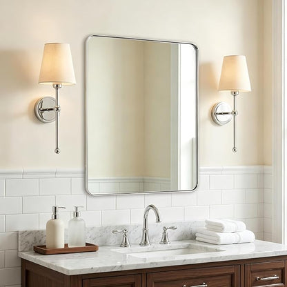 Chrome Mirror for Bathroom, 22"x30"Metal Frame Wall Mirror, Rectangular Stainless Steel Rounded Corner Mirror with 1" Deep Set Design Hangs Horizontal Or Vertical