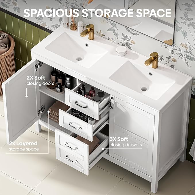 48" Bathroom Vanity with Sink Combo, Freestanding Farmhouse Thickened Wood Bathroom Storage Cabinet with Undermount Double Sink, 3 Drawers & 2 Soft-Close Doors with Organizers, White