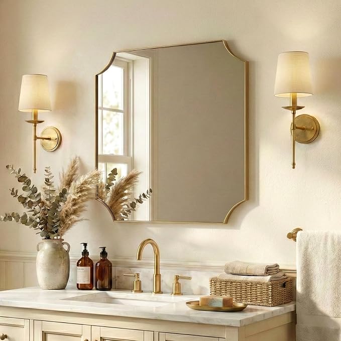 30"x30" Gold Vanity Mirror, Square Bathroom Mirror, Antique Brushed Brass Scalloped Mirror in Rust-Proof Stainless Steel Frame, Unique Scalloped Corner Design Ideal for Bathroom Remodel