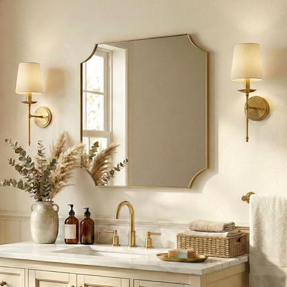 30"x30" Gold Vanity Mirror, Square Bathroom Mirror, Antique Brushed Brass Scalloped Mirror in Rust-Proof Stainless Steel Frame, Unique Scalloped Corner Design Ideal for Bathroom Remodel