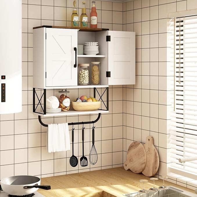 RUSTOWN Farmhouse Medicine Cabinet with 2 Barn Door & Towel Bar Rack | Boho Wood Wall Mounted Storage Cabinet with Adjustable Shelf, 3-Tier Above Toilet Cabinet for Bathroom, Laundry, Living Room