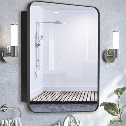 24’’x36’’ Medicine Cabinet,Metal Framed Medicine Cabinet Mirror with Round Corner,Recessed and Surface Mount Bathroom Mirror with Storage, Removeable Shelves,Dark Gray Frame
