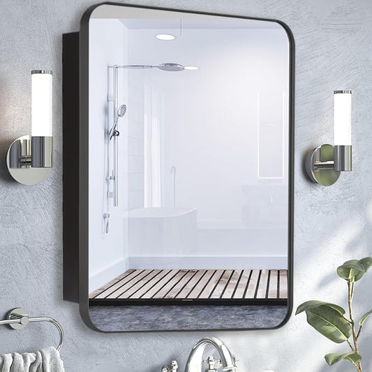 24’’x36’’ Medicine Cabinet,Metal Framed Medicine Cabinet Mirror with Round Corner,Recessed and Surface Mount Bathroom Mirror with Storage, Removeable Shelves,Dark Gray Frame