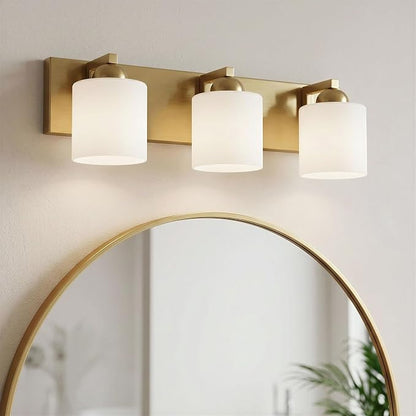 mirrea 3-Light Brushed Gold Bathroom Vanity Light with White Glass Shades | Over Mirror,Wall Sconce,ETL listed,Bathroom Lighting Fixtures,Elegant Design,Milk White Glass Shade,Easy Installation