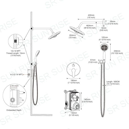 SR SUN RISE Shower Faucet - 10 Inch Multifunctional High Pressure Shower Head System with Handheld Shower Head Fixtures - Valve Included - Matte Black