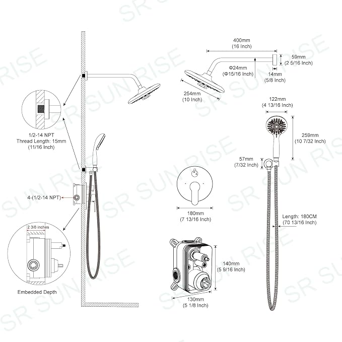 SR SUN RISE Shower Faucet - 10 Inch Multifunctional High Pressure Shower Head System with Handheld Shower Head Fixtures - Valve Included - Polished Chrome