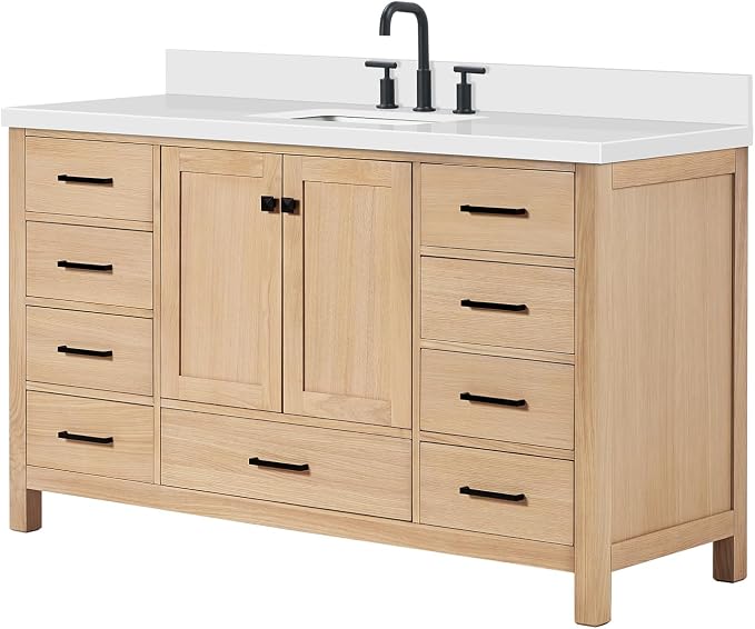 ARIEL Cambridge 60-inch Bathroom Vanity with Sink,Solid Wood, 1.5-inch Pure White Quartz Countertop, Single Rectangular Porcelain Sink, 2 Soft Closing Doors, 9 Dovetail Drawers, White Oak