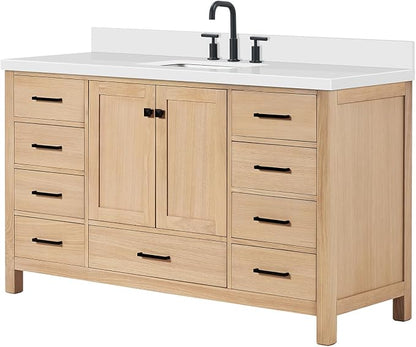 ARIEL Cambridge 60-inch Bathroom Vanity with Sink,Solid Wood, 1.5-inch Pure White Quartz Countertop, Single Rectangular Porcelain Sink, 2 Soft Closing Doors, 9 Dovetail Drawers, White Oak