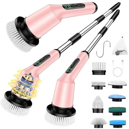 Electric Spin Scrubber for Bathroom, Shower Scrubber with Long Handle | Shower Cleaner Brushes, IPX7 Waterproof & 2 Speed, 8 Brush Heads, 90min Runtime, Bathroom Cleaning Supplies for Toilet Tub