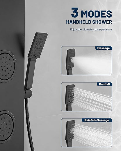 Homevacious Shower Panel Tower System Rainfall Waterfall Shower Head 3 Massage Body Jets Handheld Shower Head and Tub Spout Wall Mounted Multi-Function Bathroom Shower Panel Matte Black