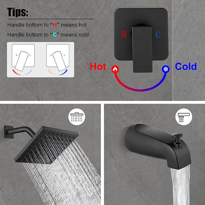 Heyalan 6 Inch Shower Faucet Set with Tub Spout and Valve,Matte Black | 6-inch square rainfall head, tub spout with diverter, male-thread rough-in valve, single-handle control and wall-mount design