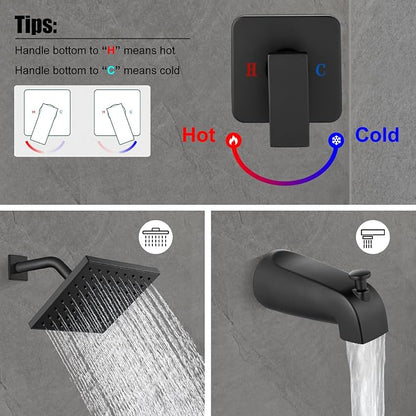 Heyalan 6 Inch Shower Faucet Set with Tub Spout and Valve,Matte Black | 6-inch square rainfall head, tub spout with diverter, male-thread rough-in valve, single-handle control and wall-mount design