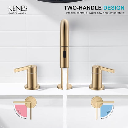 KENES Champagne Bronze Pull Down Bathroom Faucet, 8 Inch 2 Handle Widespread Bathroom Faucet 3 Hole with Pull Out Sprayer, Bathroom Vanity Faucet with Pop Up Drain & Supply Lines LJ-9068-CB