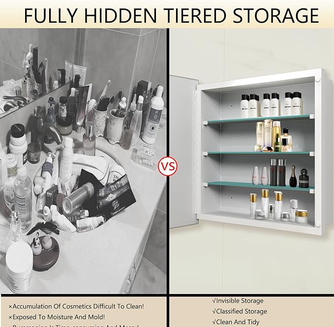 20"x20" Medicine Cabinet,HD Bathroom Mirror Cabinet with Beveled Mirror,Removeable Shelves, Recessed and Surface Mount,Frameless Bathroom Mirror with Storage