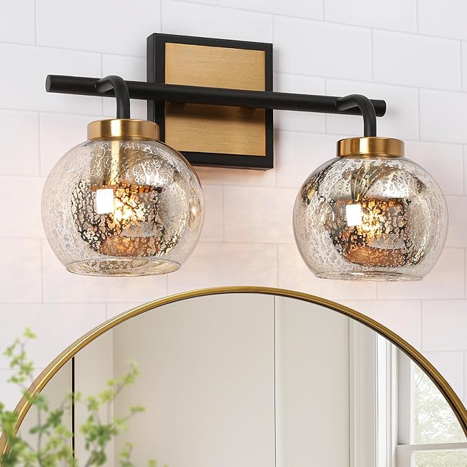 KSANA Black Gold Vanity Light, Modern Bathroom Light Fixture with Mercury Glass Shade, Brass 2-Light Globe Wall Sconce Over Mirror