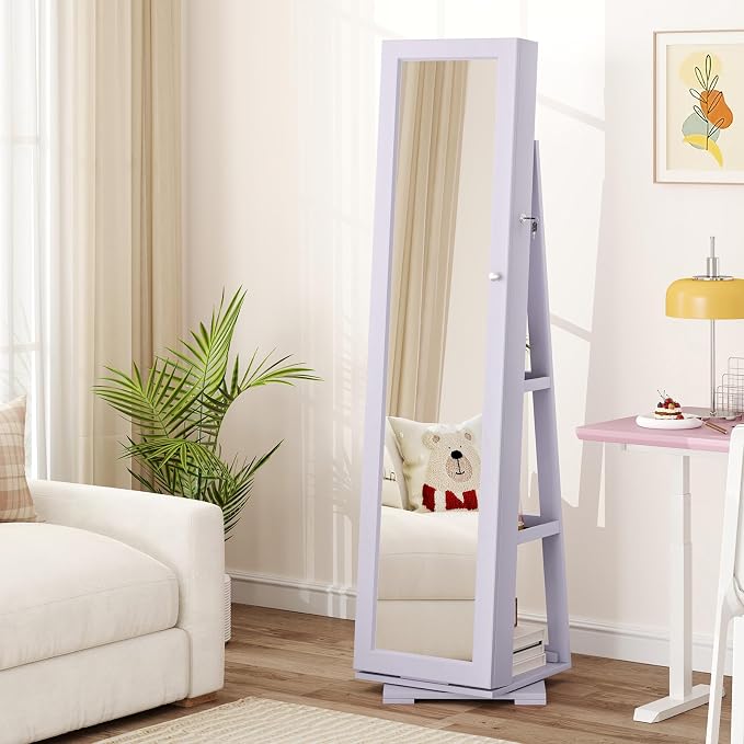 GOFLAME 360° Rotating Jewelry Armoire, Lockable Jewelry Cabinet with Full-Length Mirror & Inner Makeup Mirror, Standing Jewelry Storage Organizer with Rear Storage Shelves, Lavender