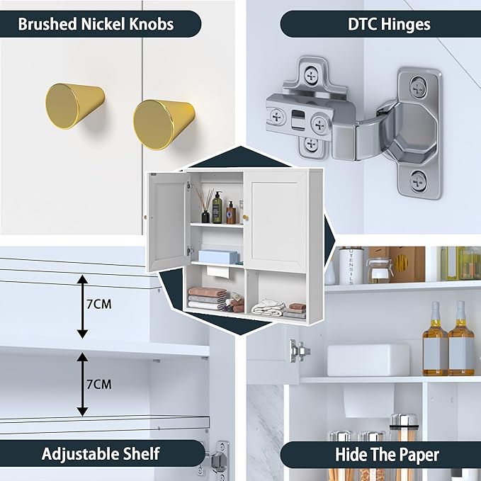 Bathroom Wall Cabinet, Medicine Cabinet with 2 Door and Adjustable Shelves,3-Tier Wood Hanging Storage Over The Toilet,White Wall Mounted Cabinet for Bathroom, Kitchen,Laundry Room