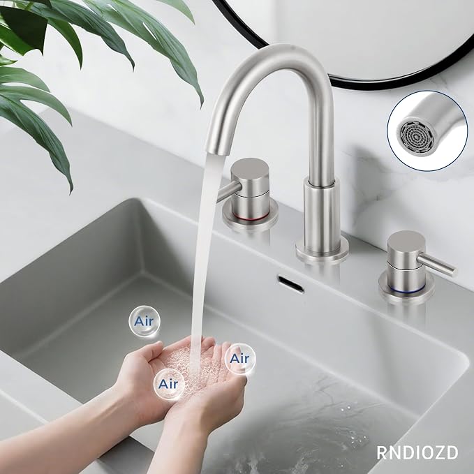 Nickel 8 Inch Widespread Bathroom Faucet 3 Hole with Pop-up Drain | 2 Handle, 8 Inch 3 Hole Sink, 360° Swivel Spout, RV Vanity, Quick Connect, Supply Hoses, NSF372 NSF61 cUPC