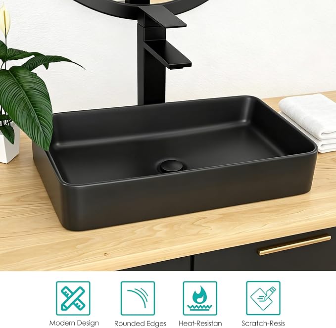 Black Vessel Sink Rectangle- 24"x16" Modern Rectangular Top Counter Bathroom Sink Matte Black Porcelain Ceramic Lavatory Sink Bowl Art Basin