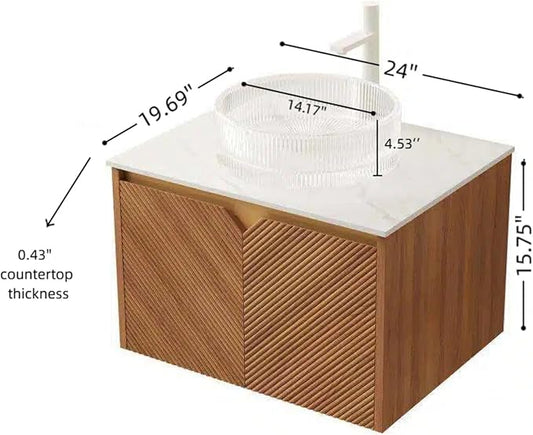 24 Inch Bathroom Vanity with Sink, Floating Fluted Vanity with Vessel Sink, Small Wall Mounted Bathroom Vanity Cabinet with 2 Doors, Glass Vessel Sink & Sintered Stone Top, Oak