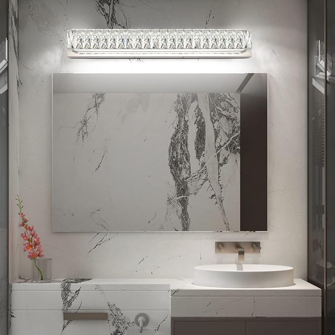 Modern Bathroom Light Fixtures Over Mirror 30 inch Crystal Chrome LED Vanity Light Bar White Light 6000K (7500-760mm)