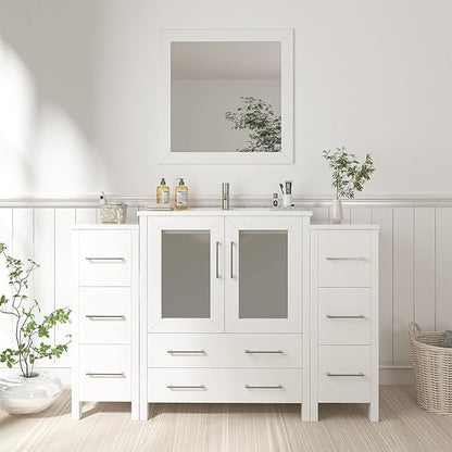 Vanity Art 54 Inch Under Mount Single Sink Bathroom Vanity Cabinet with 1 Mirror, Ceramic Top Bathroom Cabinet Compact Set with 8 Dovetail Drawers and Brushed Nickel Handles, VA3030-54-W