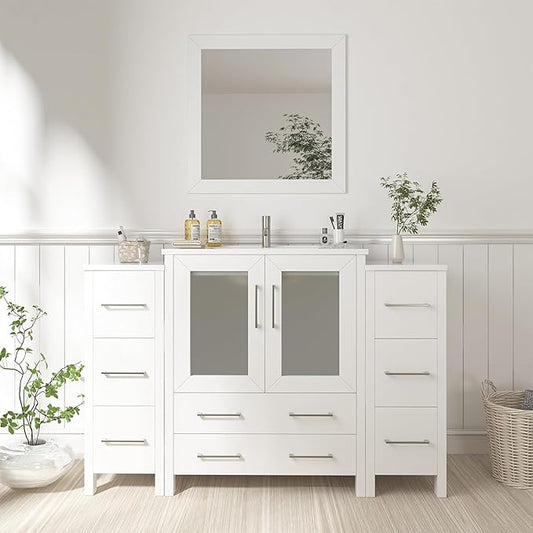 Vanity Art 54 Inch Under Mount Single Sink Bathroom Vanity Cabinet with 1 Mirror, Ceramic Top Bathroom Cabinet Compact Set with 8 Dovetail Drawers and Brushed Nickel Handles, VA3030-54-W