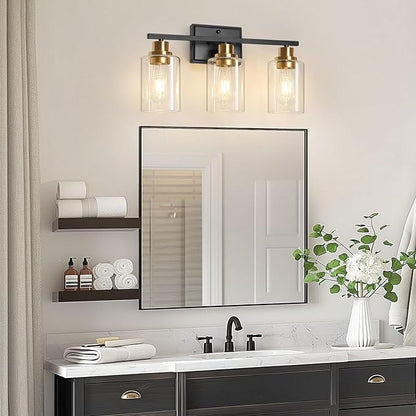 Unicozin 3 Light Bathroom Light Fixtures, Modern Vanity Lights Over Mirror, Black and Gold Wall Lamp with Clear Glass for Living Room Cabinet Bedroom Porch
