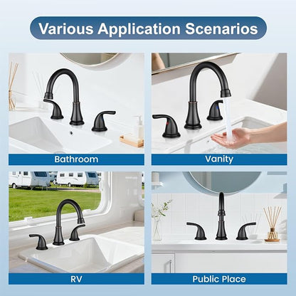 Oil Rubbed Bronze Widespread Bathroom Sink Faucet, 3 Hole 8 Inch | Modern Bathroom Faucet 3-Hole,2 Handles,Pop-Up Drain & Supply Lines,Deck Mount Vanity Faucet,1.2 GPM,SUS304 Stainless Steel