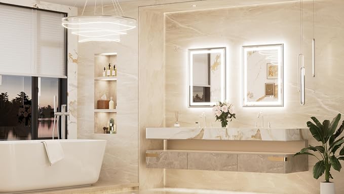 Keonjinn 24x32 Inch Brushed Nickel LED Bathroom Mirror with Lights | Frontlit & Backlit, Lighted Bathroom Mirror, HD Tempered Glass, 3 Color Temperatures, Anti-fog, Stepless Dimmable
