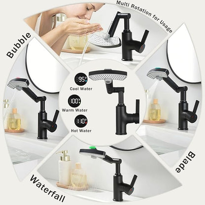 Black Rotatable Rain Faucet, Single Hole 360° Rotatable Bathroom Faucet, Single Handle Modern Bathroom Sink Faucet with LED Temperature Display(No Batteries) in Fahrenheit, 3 Water Modes
