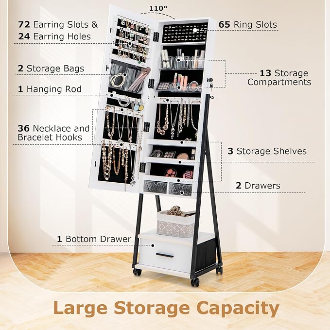 GOFLAME Rolling Jewelry Armoire Cabinet, Full Length Mirror with Storage, Floor Standing Lockable Jewelry Cabinet with Wheels, Drawers & Shelves, Large Capacity Jewelry Box Organizer (White)