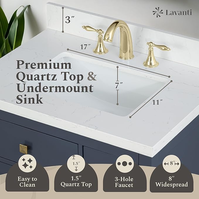 Lavanti Oakford 30 Inch Bathroom Vanity with Sink – Stylish Navy Blue Vanity Bathroom with Storage Cabinet – Modern Bathroom Vanities with Single Vanity Sink & Quartz Countertop
