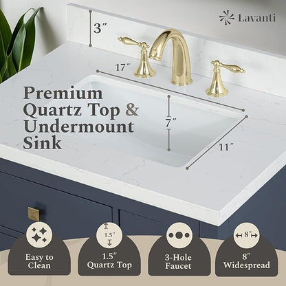 Lavanti Oakford 30 Inch Bathroom Vanity with Sink – Stylish Navy Blue Vanity Bathroom with Storage Cabinet – Modern Bathroom Vanities with Single Vanity Sink & Quartz Countertop