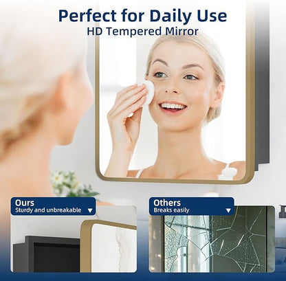 Bathroom Medicine Cabinet with Mirror 16 x 24 Inch, Brush Gold Medicine Cabinet Recessed or Surface Wall-Mounted, Mirrored Cabinets with 2 Adjustable Shelves for Bathroom Vanity