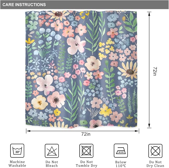Blue Floral Cute Colorful Kids Girly Spring Art Bathroom Shower Curtain Set | 72"W x 72"H Botanical Plants; waterproof HD print, quick-dry fabric with 12 hooks for easy hanging.
