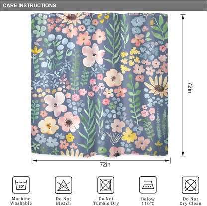 Blue Floral Cute Colorful Kids Girly Spring Art Bathroom Shower Curtain Set | 72"W x 72"H Botanical Plants; waterproof HD print, quick-dry fabric with 12 hooks for easy hanging.