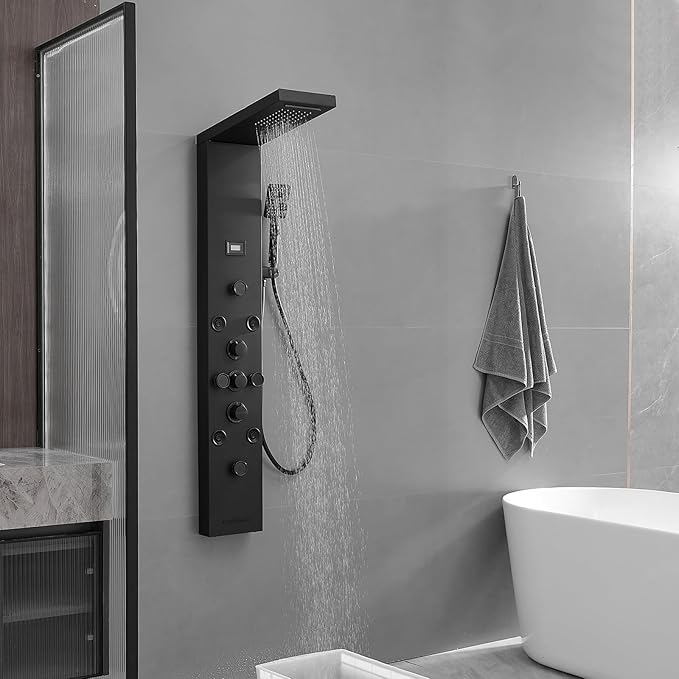 Shower Panel, Shower Tower, Bathroom Shower Panel Tower System, 6 IN 1 Shower Functions, Stainless Steel Wall Mounted, Black