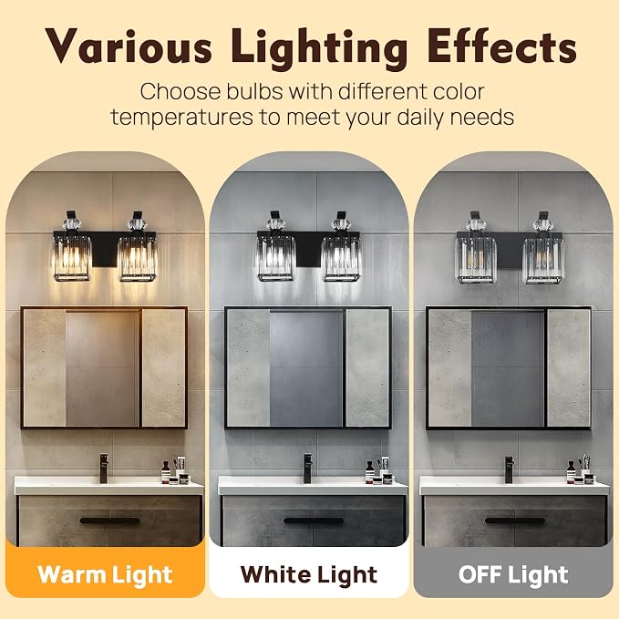 Modern Bathroom Vanity Light, 2-Light Black Bathroom Lighting Fixtures Over Mirror, 12.6" Crystal Wall Light Sconce for Bathroom/Bedroom/Vanity, Includes LED Bulbs, Easy Installation